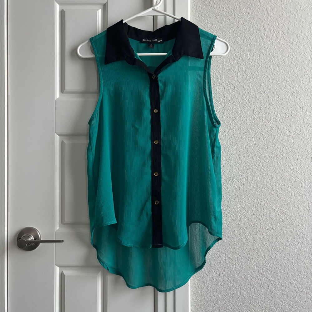 Living Doll teal blue sheer sleeveless button-down blouse (size M)
